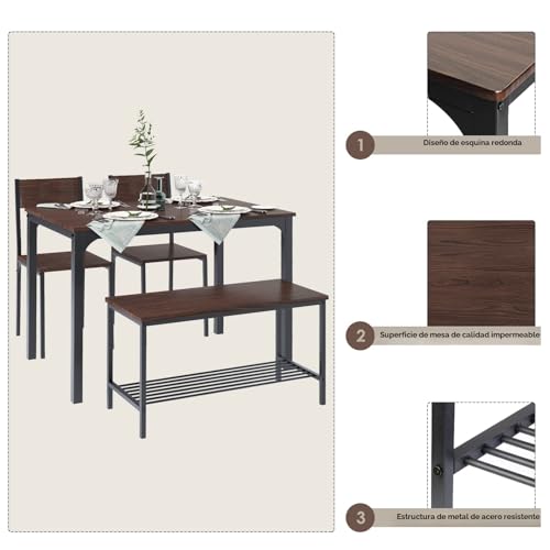 Miniatura 3 de Sogeshome Juego De Mesa De Comedor De 4 Piezas Mesa De Comedor 2 Sillas Y Banco Con Estante De Madera Y Estructura De Acero Para Comedor Y Cocina