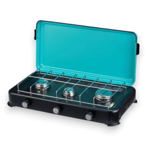 Briconess.com Fornello a Gas Portatile 3000w con 3 fuochi in Acciaio per Campeggio