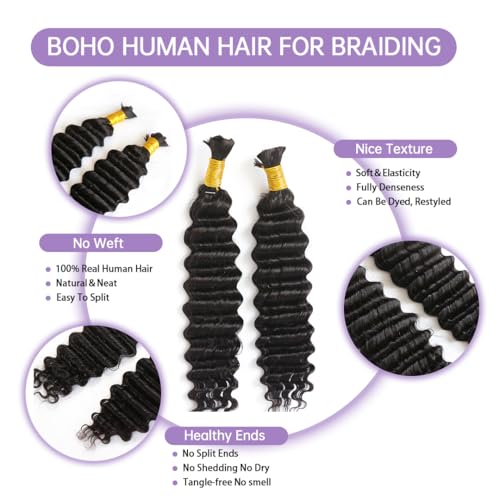 YWIGS Deep Wave Bulk Human Hair for Braiding Boho Knotless Braids Human Hair 100 Percent Human Braiding Hair 100G NC 20inch — view 3