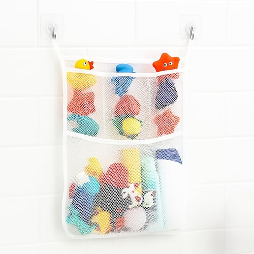 Badewannen Spielzeug Aufbewahrungsnetz, 1 Set, Organizer mit 6 x Klebehaken, aus Polyester, zur Trocknung von Spielsachen, Netz zum Aufhängen, Spielzeugnetz Badewanne, Badewannenspielzeug Aufbewahrung