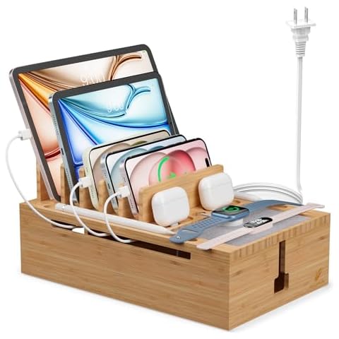 Pezin & Hulin Charging Station for Multiple Devices, USB Charger Dock Organizer, with Power Supply (10 Ports HUB), 6 Cables, Cable Management Organizer for Cell Phones, Tablets -Natural Color Cover