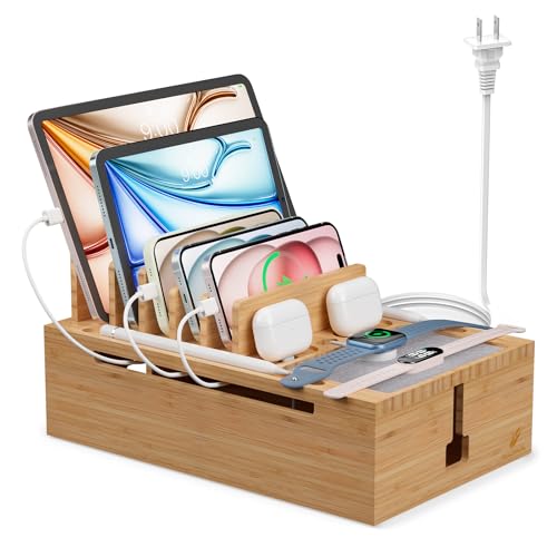 Pezin & Hulin Bamboo Charging Station for Multiple Devices USB Charger Dock Organizer with Power Supply (10 Ports HUB) 6 Cables Cable Management Organizer for Cell Phones Tablets -Natural Color