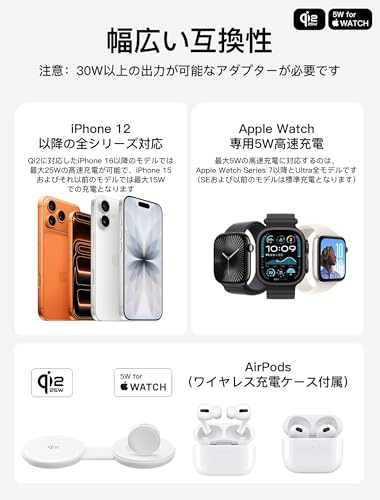 MagSafe充電器【Qi2公式認証 25W高速充電】2in1 A-pple Watch 5W 充電スタンド 折りたたみ式 マグセーフ充電器 Qi2.2 25W超高効率ワイヤレス充電 iPhone 17/16シリーズ対応 極小ポケット収納 旅行・出張に最適 White