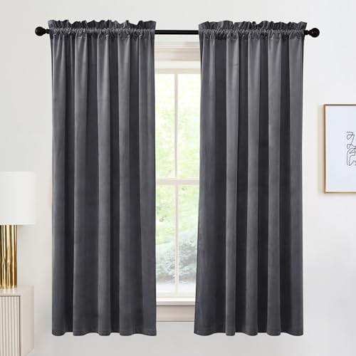 Image of RYB HOME Grey Velvet Curtains 72 inches - Back Tab Blackout Curtains Thermal Insulated Drapes Heat Block Window Panels for Nursery Kitchen, Wide 52 x Long 72, Grey, 2 Panels | Thermal Insulated, Heat Block, Window Panels, for Office & Dormitory, Grey, W52 x L72, 2 Panels