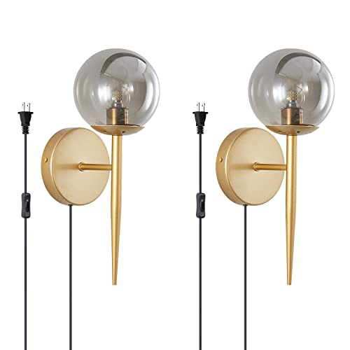 Image of BOKT 2-Light Plug in Wall Sconce with Smoky Gray Glass Shade Modern Globe Wall Sconce Bedside Lamp for Bathroom Bedroom Corridor