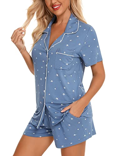 Image of Anjue Womens Pajamas Set Short Sleeve Sleepwear Button Down Nightwear Shorts Soft Pj Sets S-XXL