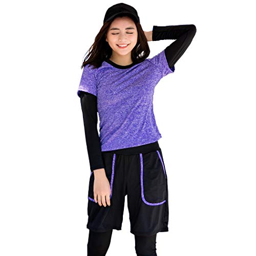 Teddy フィットネス 水着 レディース 体型カバー ママ 水着 セパレート 長袖ラッシュガード レギンス スポーツブラ サーフパンツ 4点セット hys1289 (パープル, M(9号))