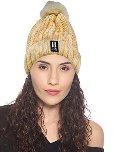 Image of SYGA Winter Beanie Hat for Women Warm Thick Cotton Lining Knit Bobble Pom Pom Skull Cap Fleece Lined Warm Cap Outdoor Sports Hat for Ladies Women Girl Free Size