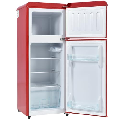 Refrigerador de 92 L con congelador, doble puerta, diseño vintage, para bebidas, termostato ajustable de 7 configuraciones y descongelación manual, ideal para dormitorios, oficinas,Red
