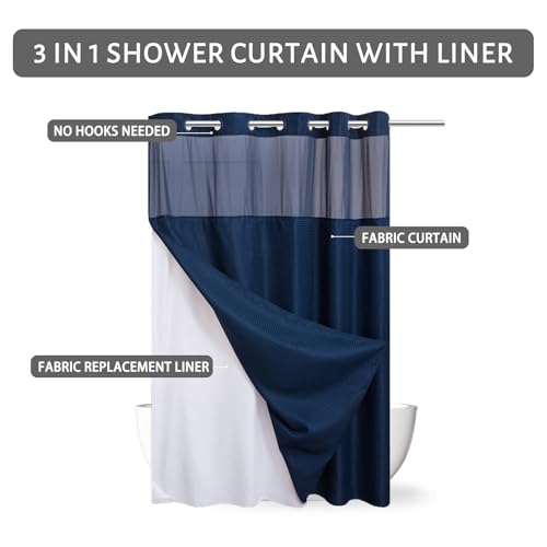 Image of Furlinic No Hook Waffle Weave Shower Curtain with Snap in Fabric Liner Set,Heavy Duty Textured Bathroom Curtain with See Through Window,Waterproof & Machine Washable,Navy Blue,Stall 48x72 Inch