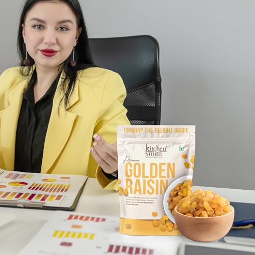 Image of KitchenSmith Golden Raisin Seedless - Pack of 2 (500gm Each) | Dakh, Indian Kishmish, Raisins | Premium Long Raisins & Naturally Sourced Dry Fruits