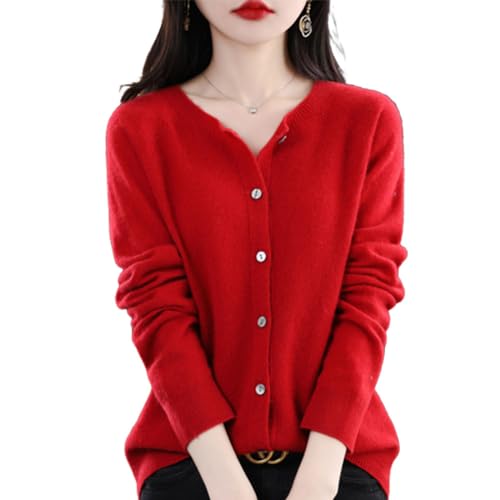 TeysHa Women's Cashmere Cardigan Sweater,Wool Crew Neck Button Down Long Sleeve Cardigan Sweater,Soft Warm Knit Elastic Jumpers (red,Large)