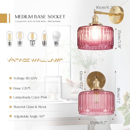 Image of Nordic Pink Glass Sconce Vintage Wall Light 90 Adjustable Gold Rod | Bathroom Light Fixture Vanity Light Pink Striped Glass,Mid Century Antique Style E26 Base,Mirror,Bedroom,Living Room,Hallway