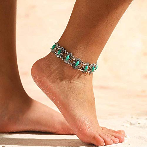 Conifor Boho Turquoise Anklets Silver Beach Sandal Flower Ankle Bracelet Foot Chain Crystal Jewelry for Women and Girls