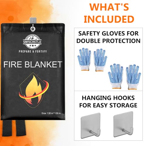 Image of SAFECASTLE Emergency Fire Blanket 59 inchx59 inch Large Size, 2 Pack + 2 Hooks & 2 Gloves Fire Retardant Blanket with Fireproof Tabs for Home, Outdoor, Office, Car and Camping Fire Protection Survival Safety