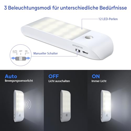 Suright LED Nachtlicht mit Bewegungsmelder, 2 Stück Aufladbar USB, Nachtlampe mit 3 Modi (AUTO/EIN/AUS), Nachtlicht Kinder 4000K Warmweiß Nacht Lampe für Schlafzimme, Badezimmer, Gang, Treppe, Küche – Bild 2