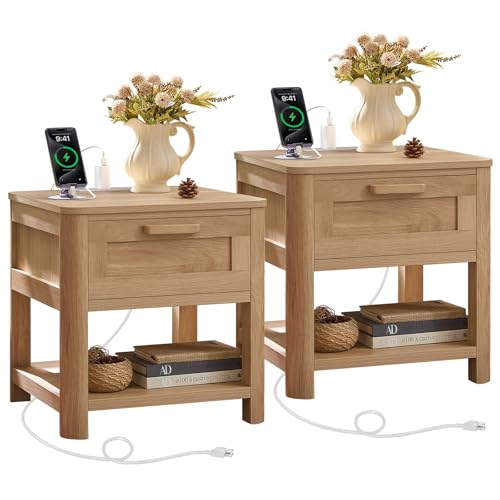 Image of Joaxswe Farmhouse Night Stand Set of 2 with Charging Station, Wood Bed Side Tables Bedroom Set of 2 with Drawer & Open Storage Shelf, Natural Wood