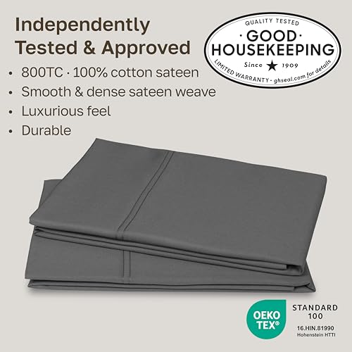 Image of California Design Den 800 Thread Count 2-Pack Queen Size Pillow Cases, Grey | Soft & Thick 100% Cotton Sateen Backed by Good Housekeeping Seal, Classic Side Opening 4 inch Hem, Fits Standard & Queen Pillows