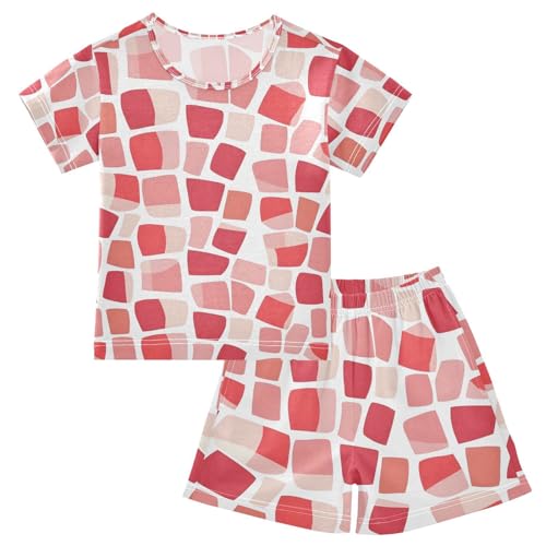 ALAZA Red Pastel Square Pajamas Set Short Sleeve Cotton Sleepwear Summer Pjs 2 Piece 5-14Y