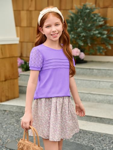 Image of Haloumoning Girls Short Sleeve T Shirts Kids Summer Lace Crewneck Tops Fashion Pleated Tees 5-14 Years