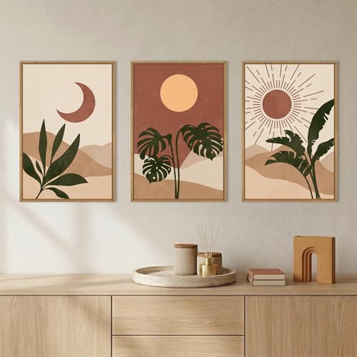 Image of KAIRNE Vintage Sun and Moon Framed Canvas Wall Art Set,Boho Desert Botanical Wall Decor,Abstract Green Terracotta Art Prints,Retro Minimalist Artwork for Living Room,Bedroom,Farmhouse,Office-24 inchx36 inchx3