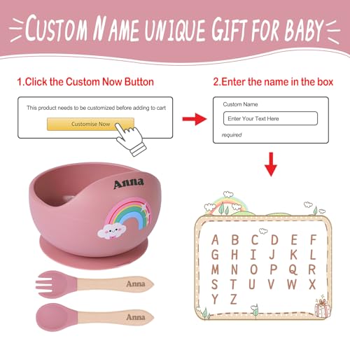 TYRY.HU Kindergeschirr Set mit Namen,Baby Silikon Geschirrset,Einschließen Babyschüsseln mit Saugnapf Löffel und Gabel Fütterung,Entwöhnungszubehör für Kleinkinder Babyfütterungsset