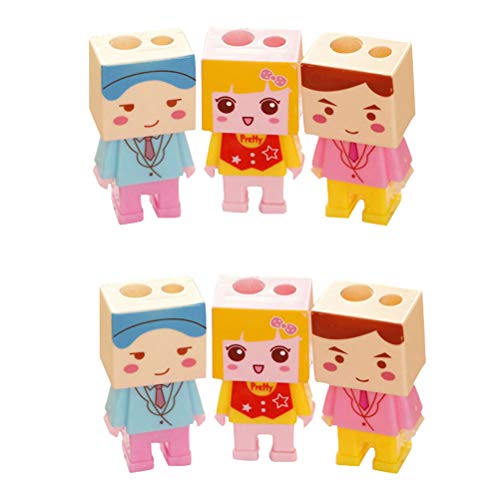 STOBOK 6pcs Creative Cute Cartoon DIY Assemble Sharpener Double Holes Pencil Sharpener Students Stationery Supplies with Eraser for Kids Children (Mixed Pattern)