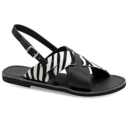 Emmanuela - Sandalias planas de cuero griegas hechas a mano con correa de hebilla ajustable, correa de tobillo de calidad para mujer, sandalias boho chic con puntera abierta, Multicolor 2, 37 EU