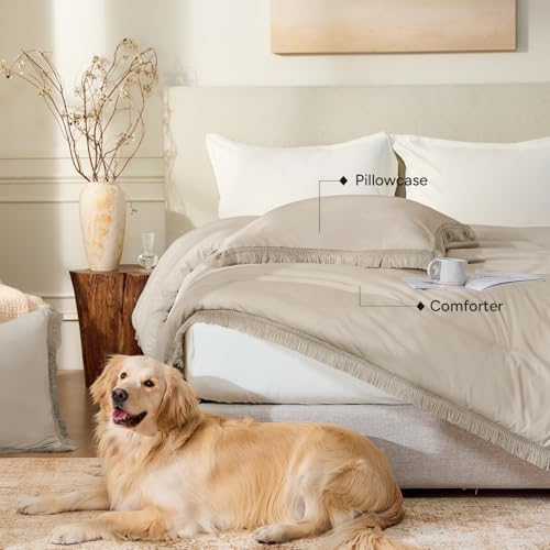 Image of Andency Oatmeal Comforter Set Twin Size, 2 Pieces Boho Tassel Lightweight Bedding Comforter Sets, All Season Soft Fluffy Fringe Bed Set (66x90In Comforter & 1 Pillowcase)
