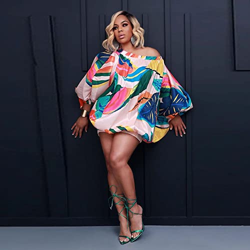 Pulkritu Batwing Long Sleeve Leaf Printed Off Shoulder Elastic Hem Loose Dresses for Women 2023 Summer Fashion Dress2