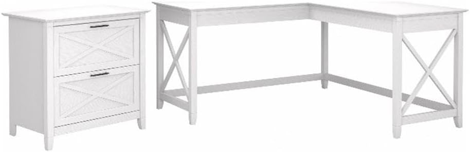 Bush Home Key West 60W L Shaped Desk with 2 Drawer Lateral File Cabinet in Pure White Oak, Large Corner Table and Document Storage for Home Office