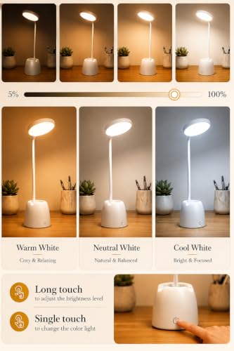 Image of BKK Rechargeable LED Study Table Lamp with Touch Sensor, 3 Color Modes & Stepless Dimming, Portable USB Desk Light for Study, Reading & Bedside (Goosneck 45x11x10cm)