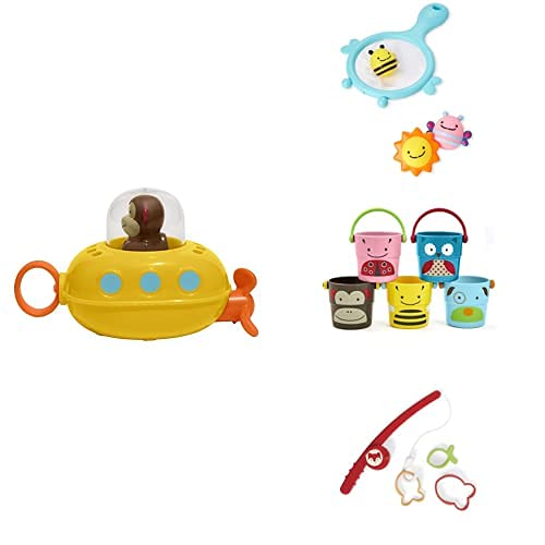 Image of Skip Hop Bath Toy Gift Set for Toddler: Submarine Monkey, Scoop & Catch Squirties, Stack and Pour Buckets, Fishin' Fox Toy