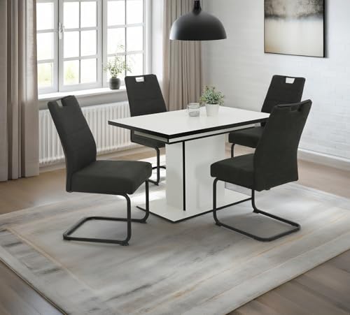 Hela Tische, Essgruppe, Esstisch ausziehbar Alice, Dekor Weiß -Schwarz, 4X Esszimmer Stuhl Kerstin, Komfortsitz Federkorb, Vinatge Anthrazit, 140kg belastbar