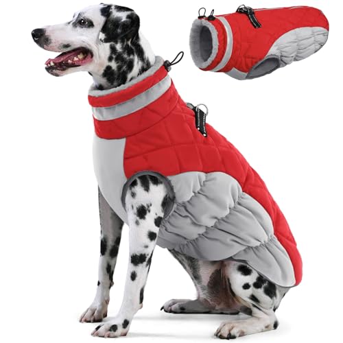 Image of AOFITEE Dog Coat, Warm Dog Winter Coat for Large Dogs, Reflective Turtleneck Dogs Jacket with Harness Built in, Waterproof Windproof Pet Puffer Jacket Fleece Vest for Cold Weather, Christmas Red