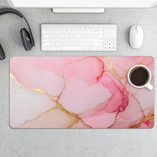 Image of Pink Gold Marble Extended Gaming Mouse Pad, with Stitched Edges Large Mouse Pad Desk Protector, Rubber Base Mousepad Keyboard Mouses Mat for Work Game Office Home- 32 inch X 16 inch Inch