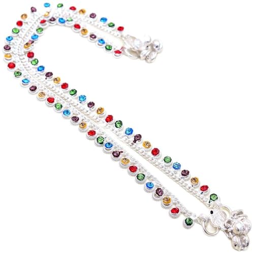 Jewar Mandi Anklet Silver Plated Ad Cz Multi-Color Stones Traditi...