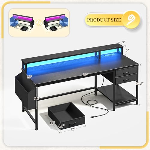 Image of DurayLoly 55 inch Gaming Desk with RGB Lights & Power Outlets for Teens | Wireless Remote Full-Color Strip, Various Lighting Modes, Level Up Teens Gaming Vibe or Study for Protect Eyes In Bedroom