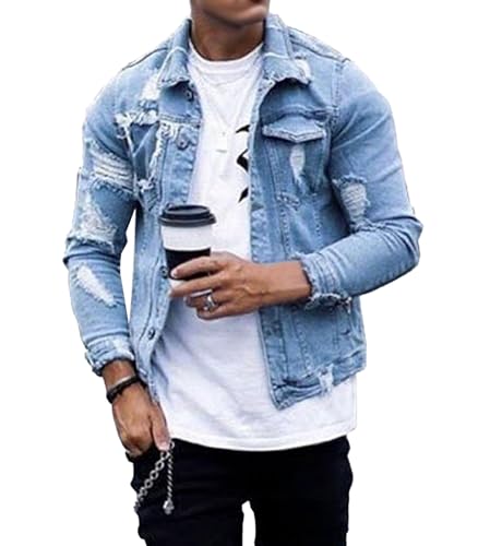 Abrigo vaquero clásico de calle para hombre, chaqueta vaquera desgastada de camionero, chaqueta vaquera elástica corte entallado, informal, azul claro, talla mediana
