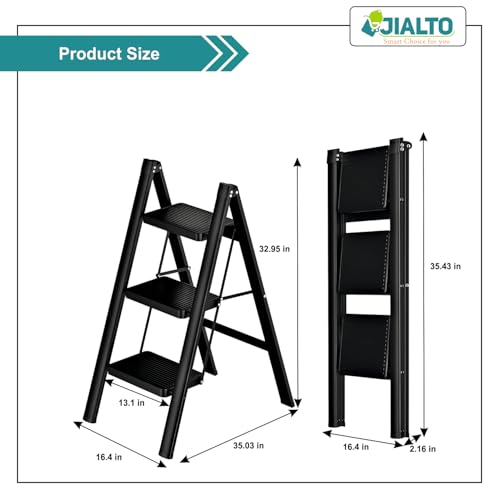 Image of JIALTO 3 Step Metal Ladder for Home, Foldable Lightweight Stepping Stool with Wide Pedals, Anti Slip Heavy Duty 150 Kg Capacity, Portable for Kitchen, Office & Library (Matte Black)