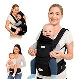 AIEBAO Mochila Bolsa Canguru Exclusive Para Bebê, Assento Ergonômico, Protetor de Sol e Chuva, 03 Modos de Uso, Apoio Lombar, Bolso Frontal e Lateral com Zíper, Até 48 Meses, Suporta 36kg, Acolchoado, Fivelas Ajustáveis, Preto.