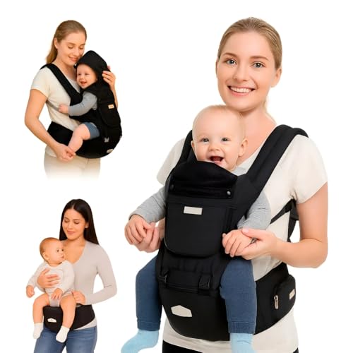 AIEBAO Mochila Bolsa Canguru Exclusive Para Bebê, Assento Ergonômico, Protetor de Sol e Chuva, 03 Modos de Uso, Apoio Lombar, Bolso Frontal e Lateral com Zíper, Até 48 Meses, Suporta 36kg, Acolchoado, Fivelas Ajustáveis, Preto.