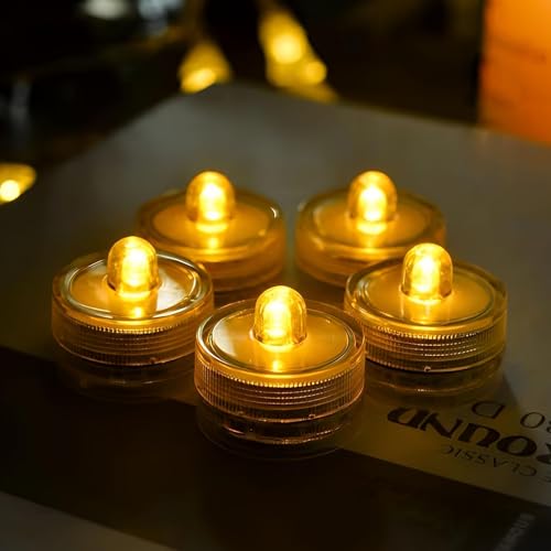 Lot de 12 mini bougies chauffe-plat LED sans flamme - Blanc chaud - Étanche - Fonctionne avec piles - Pour aquarium, jardin, fête de mariage, étang,...