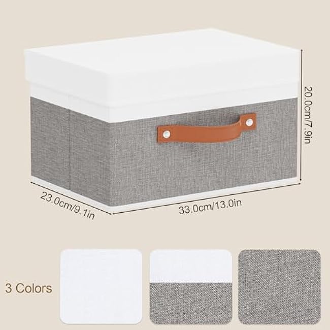 Fabric Storage Boxes with Lids, Linen Foldable Cloth Baskets, Closet Organizer Containers with Double Handles, Sweater Bins for Bedroom, White and Grey, 1 Pack, 13 x 9.1 x 7.9 Inch
