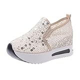 Celucke Freizeitschuhe Damen Keilabsatz Damenschuhe Dicke Sohle Pailletten Mesh Atmungsaktive Slip on Schuhe