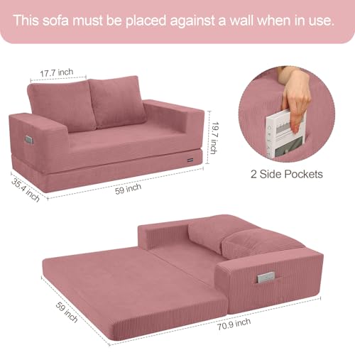 Image of COMAX Futon Sofa Bed, Convertible Sofa Bed, Folding Boneless Couches | Boneless Couch for living room, 4‑in‑1 Fold Out Small Foldable Loveseat Floor Sleeper Mattress Lounge Space‑Saving, Pink