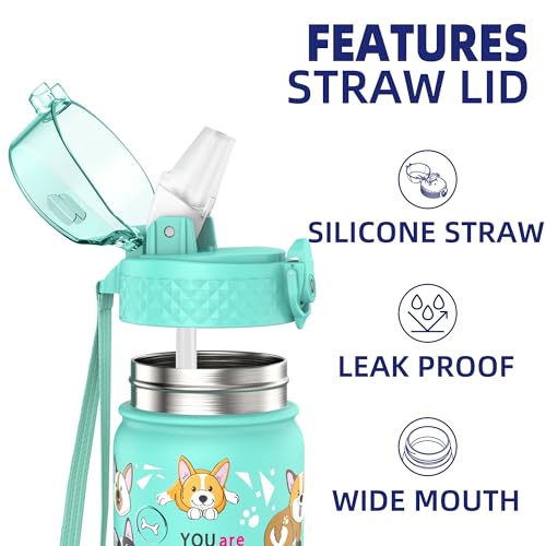 GOPPUS 420ml/14oz Kids Insulated Water Bottle with Straw Cute Double Wall Stainless Steel Child's Small Flask Vacuum Insulated Steel Metal Leak Proof Drink Flask Boys Toddler Girls Bottles BPA-Free - Image 2