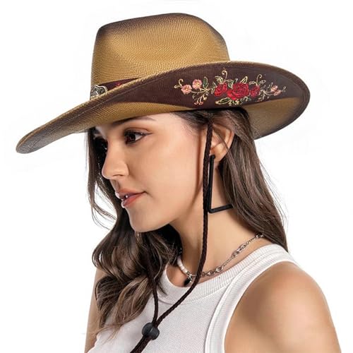 Image of Cowboy Hats for Women, Brown Cowgirl Hats Classic Straw Western Hats for Women Music Festival Party Beach.