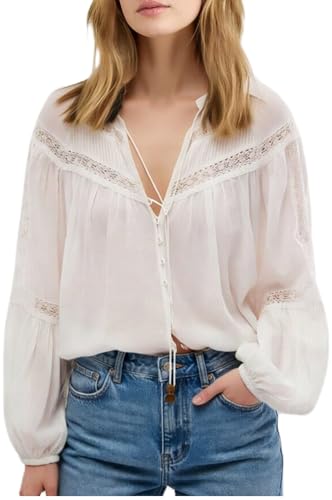 Image of Women Summer Sheer Tie Front Top Y2k Peplum Chiffon Blouse Eyelet Long Sleeve Flowy Lace Beach Cover Up Boho Tops
