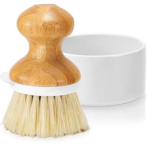Bamboo Dish Brush, Kitchen Dish Scrubber Brush with Soap Dispenser, Natural Wooden Dishwashing Brush for Cleaning Dishes/Pans/Pots, Built-in Scraper, Sisal Bristles Cover